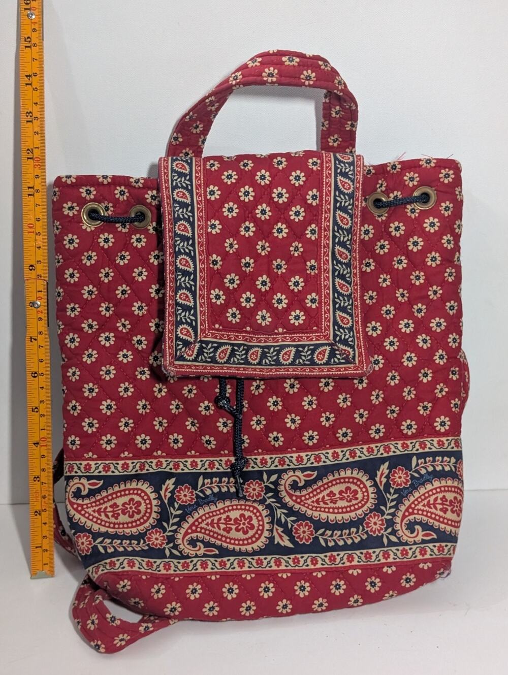 Vera Bradley Quilted Cotton Backpack Red Floral Paisley Drawstring Book Bag